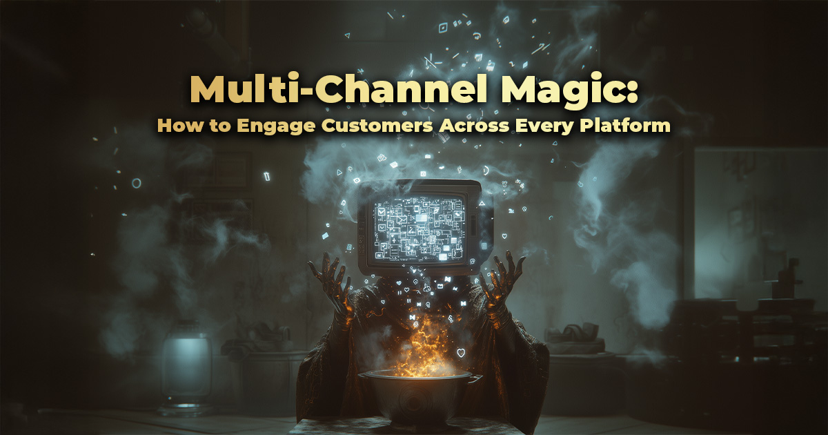 A surreal digital artwork showing a figure in a dark room conjuring digital symbols from a glowing bowl, with a floating screen above their hands displaying a multi-channel map interface. Text reads "Multi-Channel Magic: How to Engage Customers Across Every Platform" in bold, golden letters, symbolizing the integration of digital marketing platforms.